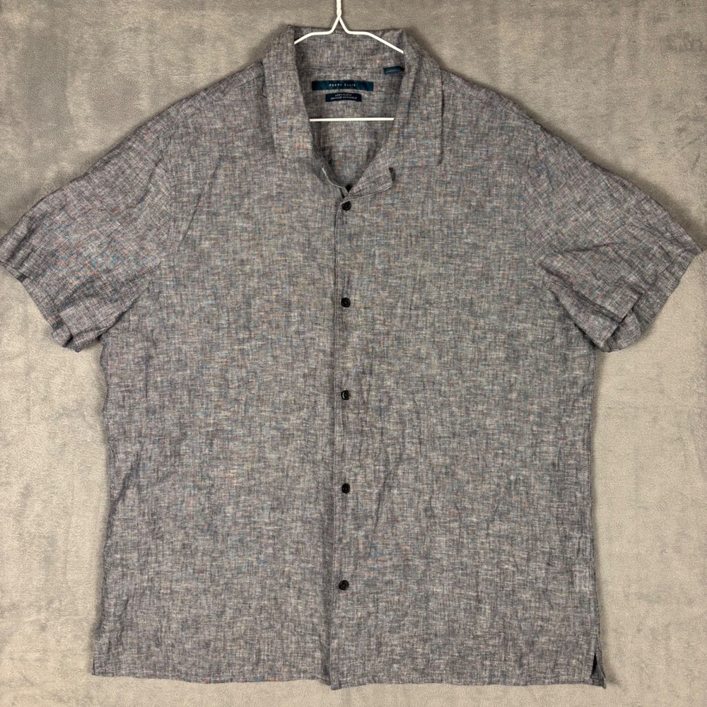 Perry Ellis Mens XL Linen Blend Short Sleeve Button Down Shirt Charcoal Grey